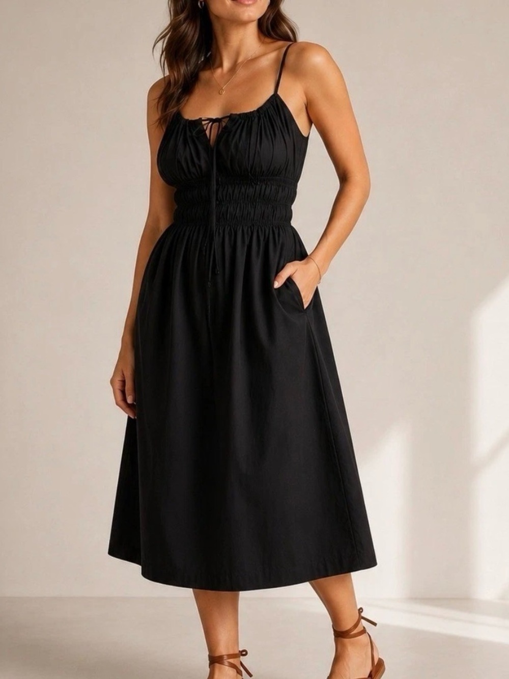 Quince Black Cotton Keyhole Midi Dress Spaghetti Straps Pockets Size Small